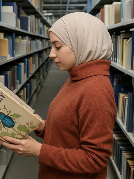 A student reading a book in the University of Baghdad library