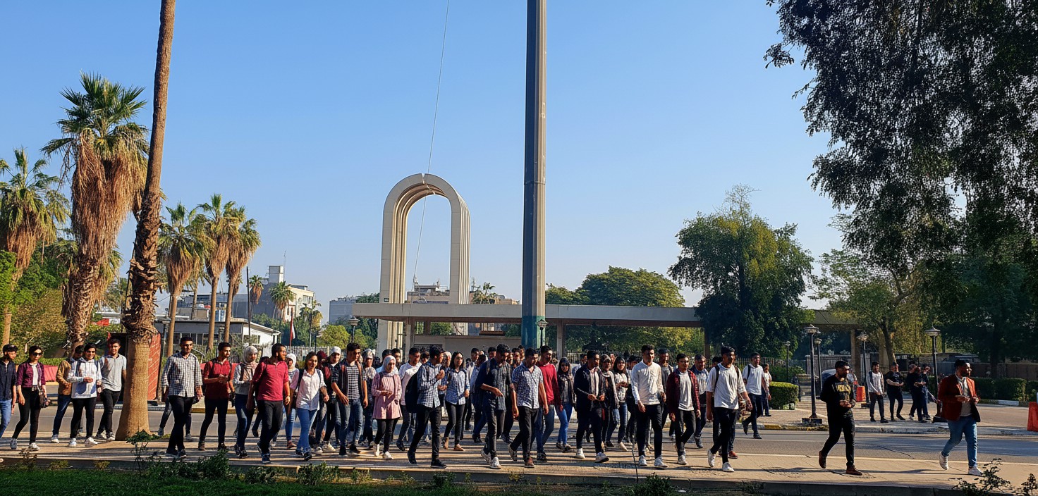 new students New Students while Crossing the University of Baghdad Main Entrance